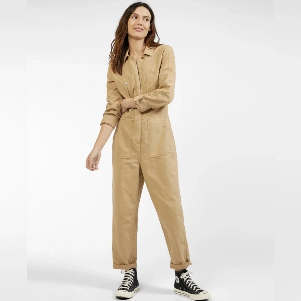 Outerknown STATION Long Sleeve Utility Jumpsuit Sand/Tan Sz L NWT $178 Linen - Picture 2 of 16